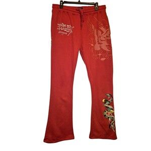 Ed Hardy Sweatpants Women Large Red Wide Leg Flare Don Dragon Grunge Stretch Y2K